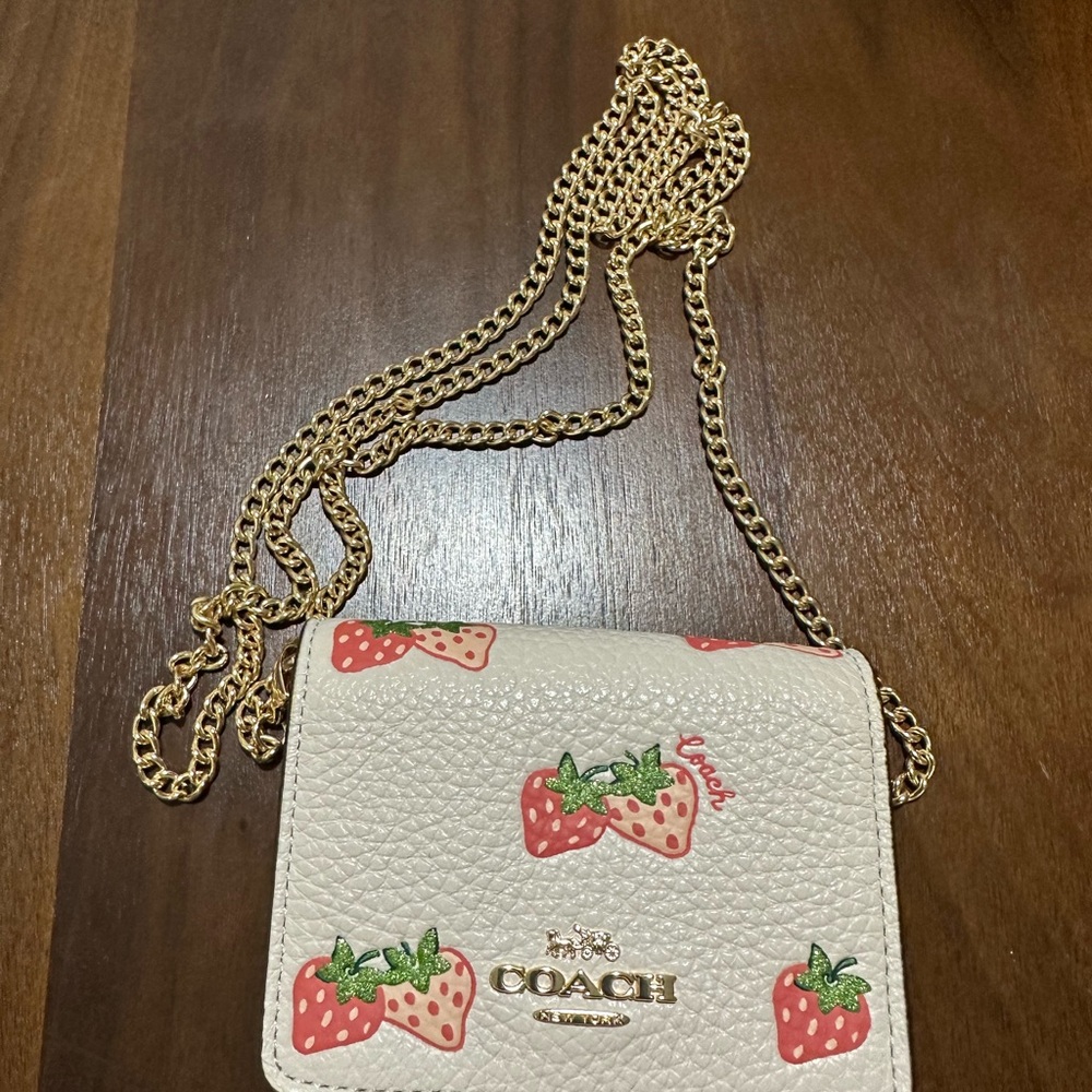 Coach Cream Strawberry Print Crossbody  wallet on a chain “bag”